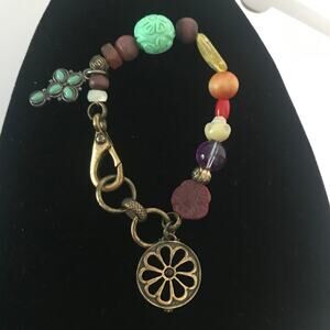 Charm Bracelet Boho Retro Ecletic Artsy Natural Stone and Wood Beads Bronze